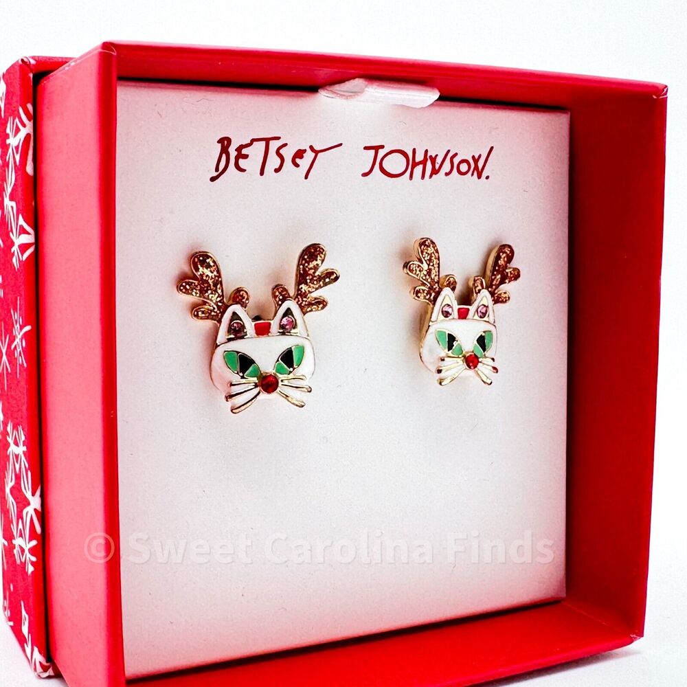 Betsey Johnson Christmas Cat Reindeer Earrings Teacher Gift White Enamel NEW - Picture 4 of 4